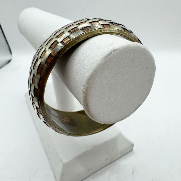 Vtg Woven Mixed Metal Brass Chunky Bangle Bracelet Boho Bohemian Copper Silver - Picture 7 of 13